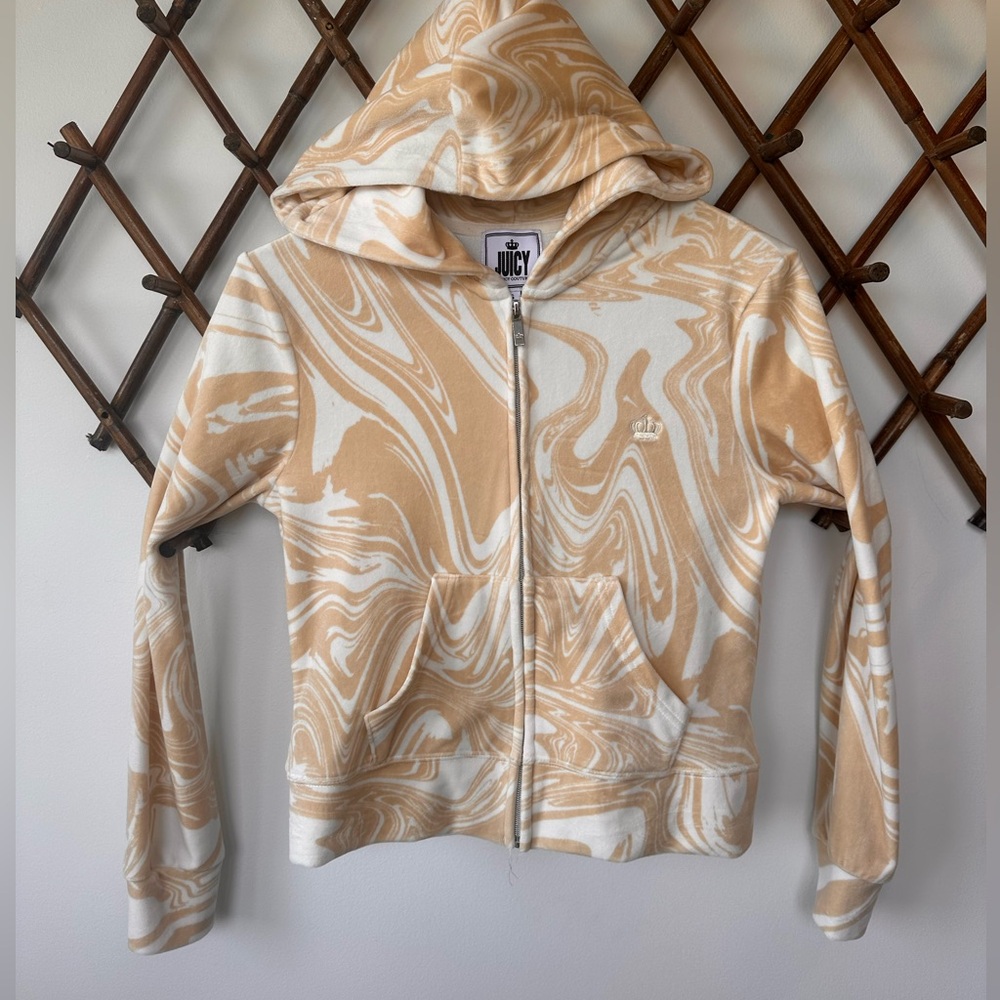 Womens JUICY by Juicy couture Y2K zip up velour hoodie neutral tan/white small